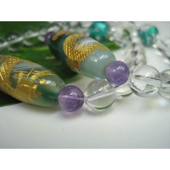 ブレスレット 手彫り龍神天珠＋スーパーセブン+水晶 緑縞メノウ