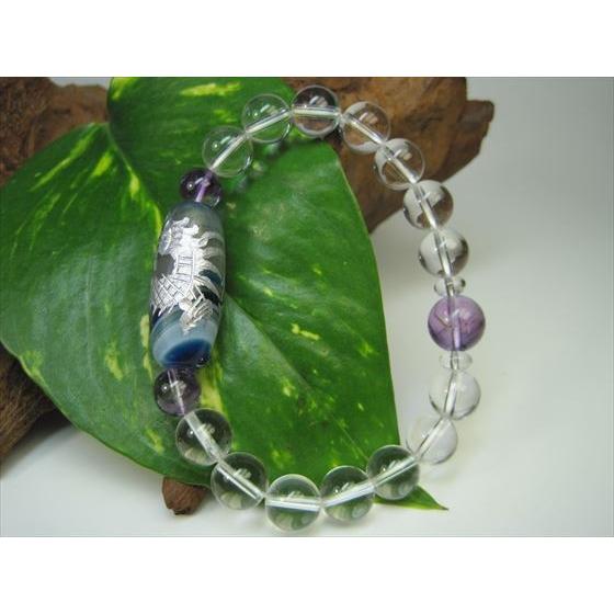 ブレスレット 手彫り龍神天珠 水晶 青縞メノウ シルバー : 天然石のお