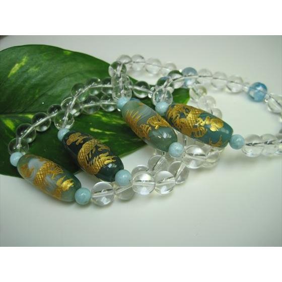 ブレスレット 手彫り龍神天珠 水晶 緑縞メノウ ゴールド : 天然石のお