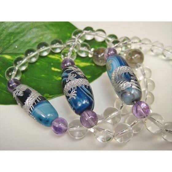 ブレスレット 手彫り龍神天珠 水晶 青縞メノウ シルバー : 天然石のお