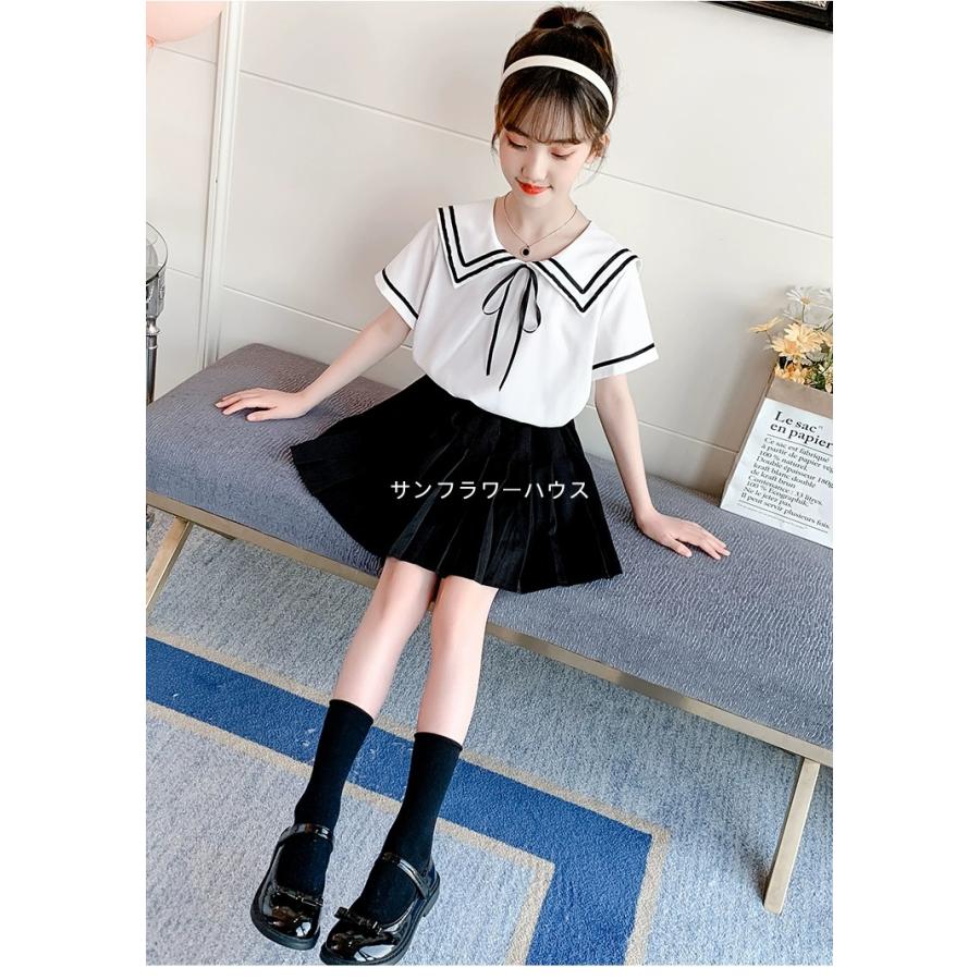 女の子　150 160 M L 長袖　半袖　セット　まとめ売り　夏服　春服　白黒 子供 キッズ ブラウス 女の子 半袖 夏服 セーラー風 白 シャツ