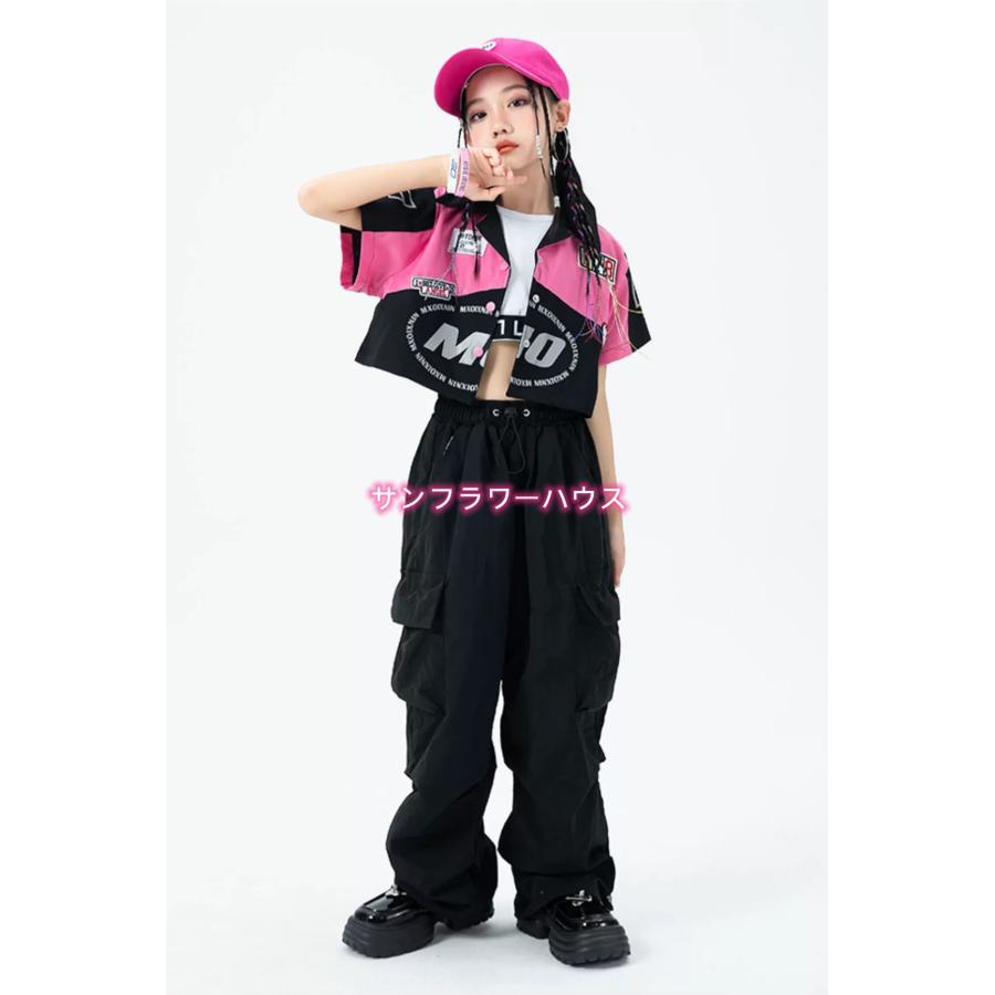 create-sun 花柄 ダンス衣装 フラワーモチーフ 黒ピンク ステージ衣装 キッズダンス衣装 セットアップ 子供ダンス 衣装 ヒップホップ キッズ
