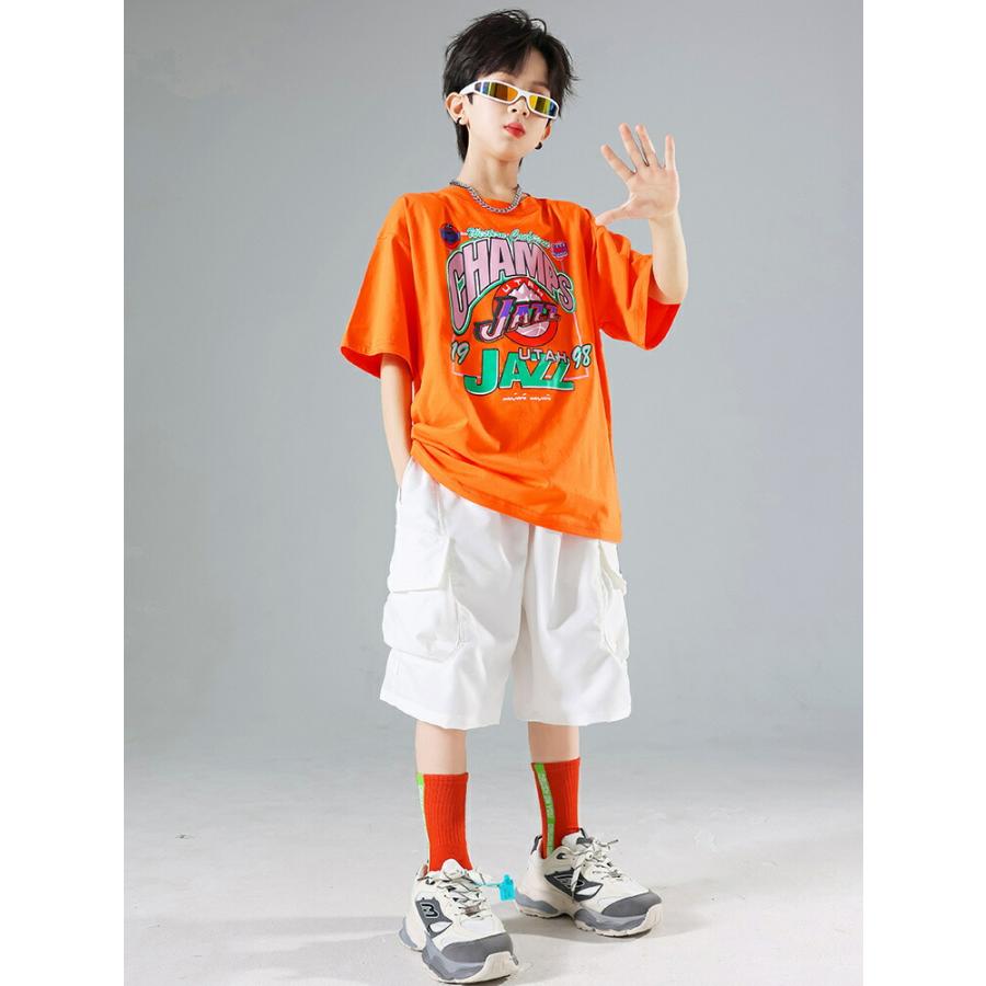オレンジ キッズダンス衣装 ヒップホップ パンツ 白 セットアップ 子供