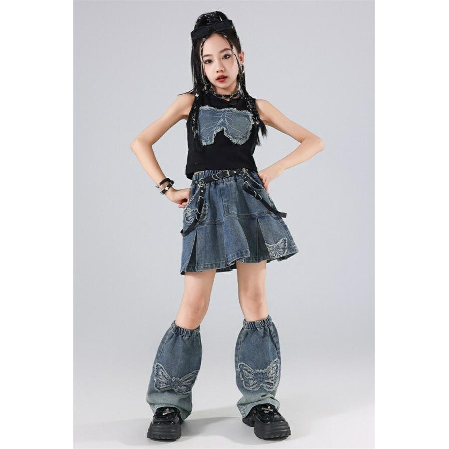 キッズダンス 女の子 紺 デニム スカート 3点セット 演出服 