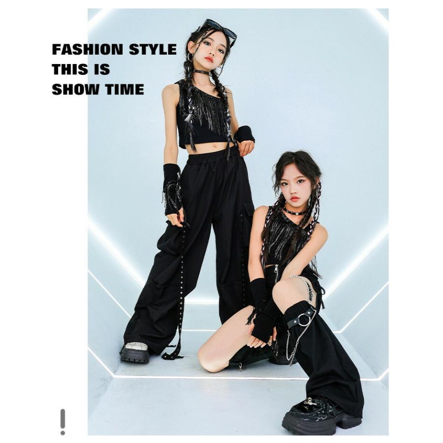 キッズダンス 女の子 4点セット 黒 フリンジ フリル タンクトップ