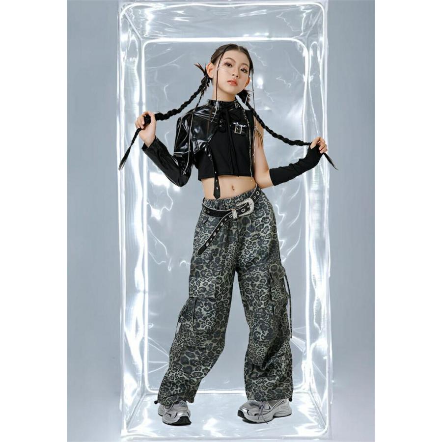 ボディコン　ディスコガール　豹柄　ギャル　アームカバー セット 豹柄 セットアップ キッズダンス ヒョウ柄 トップス パンツ レザー