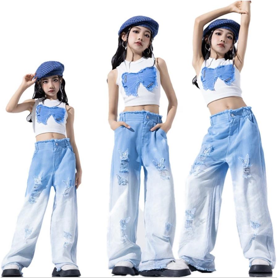 ダンス トップス パンツ ホワイト ブルー デニム ズボン キッズ ダンス