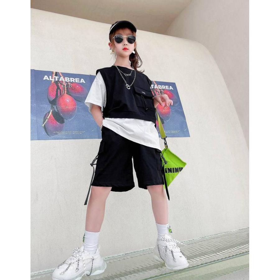 キッズ ダンス衣装 セットアップ 黒 トップス 超人気 専門店 シャツ レイヤード 半パンツ 半袖 ヒップホップ 発表会 子供 1 170cm 団体 服 韓国 女の子 カッコイイ 演出服
