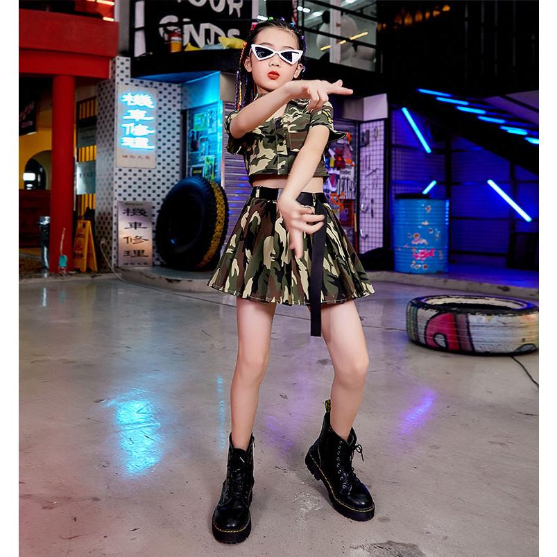 新版 キッズダンス衣装 迷彩 スカート パンツ へそ出し ヒップホップ チアガール 子供 Hiphop 女の子 ダンス衣装 1 170cm 応援団 発表会 演出服 Materialworldblog Com