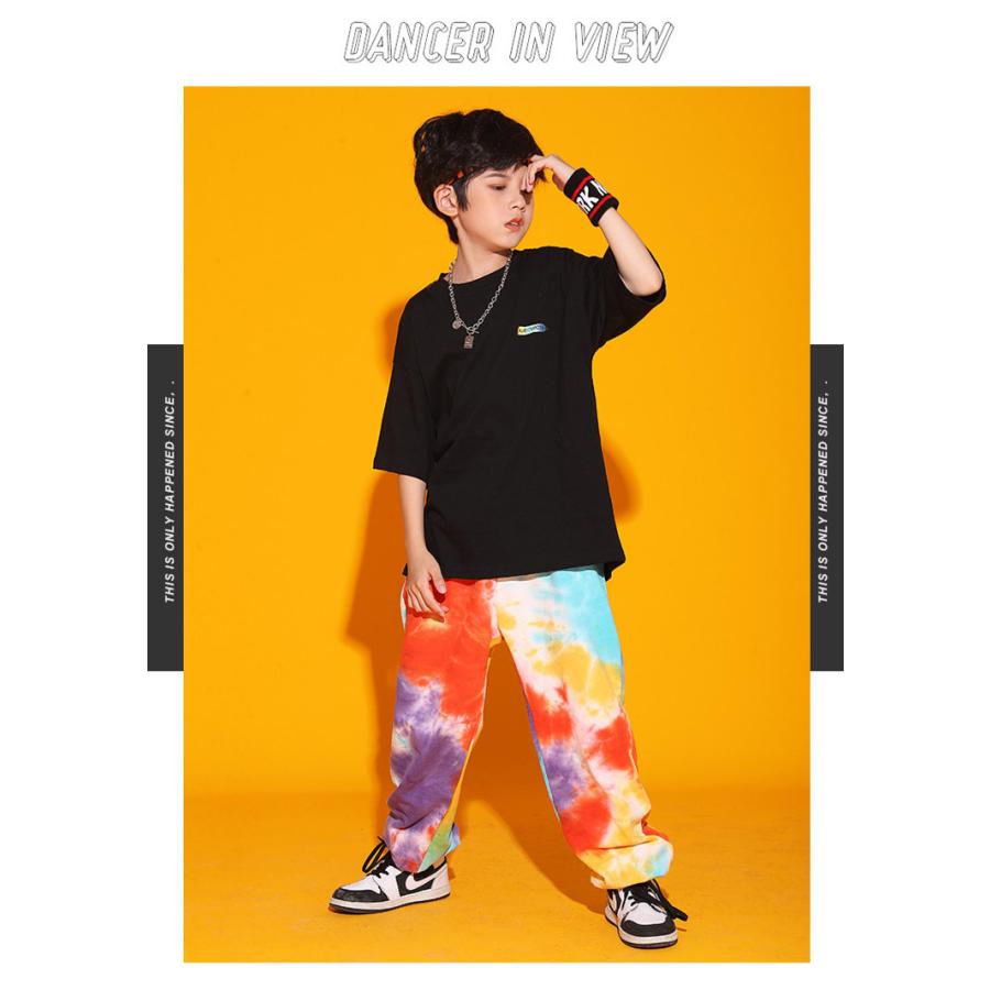 キッズ ダンス衣装 トップス パンツ 虹色 Ｔシャツ 長ズボン ヒップホップ 練習着 半袖 黒tシャツ かっこいい ステージ衣装 HIPHOP かっこいい 発表会 単品｜sunflowerhouse｜05