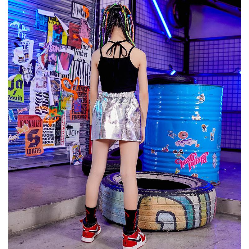 最大92％オフ！キッズ ダンス衣装 スカート チアガール ヒップホップ 韓国 女の子 シルバー ジャズダンス 子供 ステージ衣装 セットアップ  ジャケット 黒 タンクトップ 発表会 社交ダンス