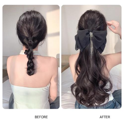 JGQUR ヘアーリボン ヘアクリップ 女性用 ガールズ - ビッグロングテール シフォンリボン、誕生日ギフト、結婚式、パーティー用 【定形外郵便】バンスクリップ ヘアクリップ リボン オーガンジー シフォン チュール 透け感 大きめ しっかり留まる ボリューム ヘアアクセ  ヘアアレンジ 簡単 まとめ髪 髪留め モカ ブラック