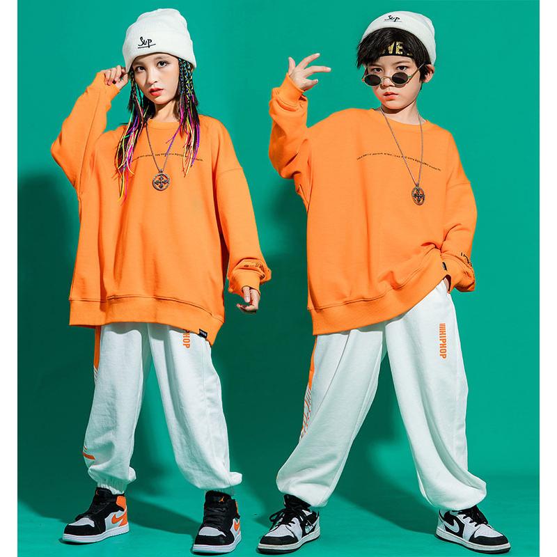 キッズダンス衣装 セットアップ オレンジ トップス 長袖 シャツ 白