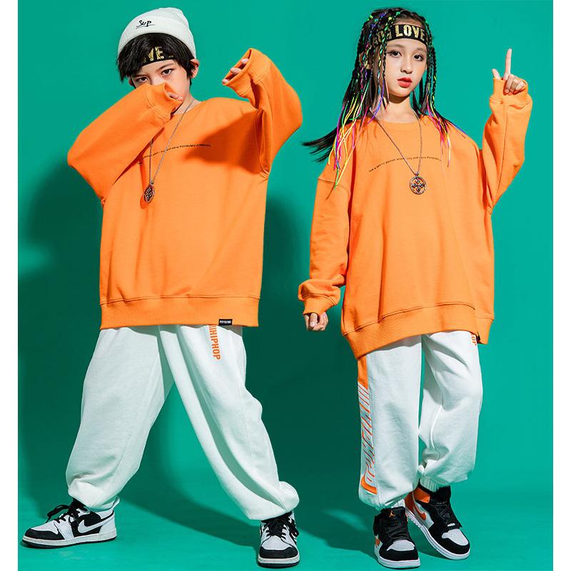 キッズダンス衣装 セットアップ オレンジ トップス 長袖 シャツ 白