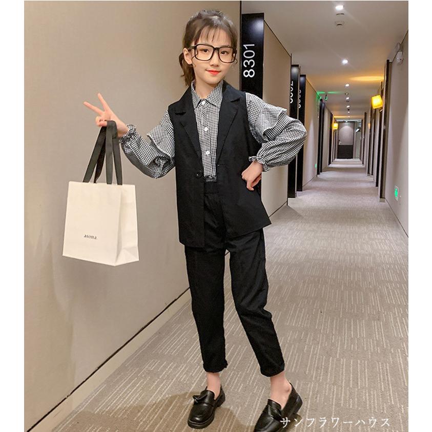 入学式 パンツスーツ 女の子 チェック お1人様1点限り 柄 フォーマルスーツ 韓国 子供服 子供スーツ キッズ ベスト ピアノ 3点セット 110 卒業式 160 パンツ 発表会 ブラウス