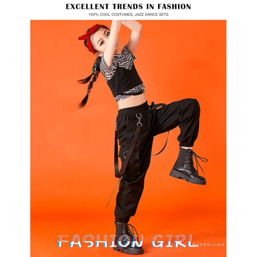 ダンス衣装 セットアップ 韓国 黒 かっこいい へそ出し キッズ ダンス 衣装 Tシャツ トップス ベスト カーゴパンツ 発表会 ヒップホップ 練習着 贈り物 女の子