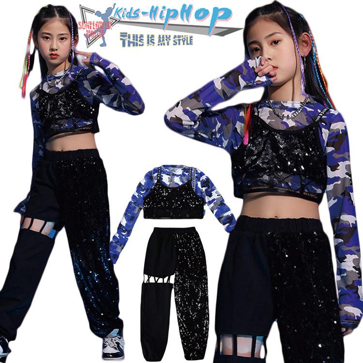 短納期 キッズ ダンス衣装 ガールズ スパンコール セットアップ へそ出し 長袖トップス ショートパンツ 韓国 演出服 応援団 練習着 Hiphop ダンス発表会 逸品