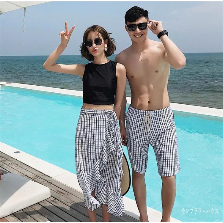 水着 カップル ペアルック レディース メンズ 体型カバー ペア チェック柄 パッド付き ショートパンツ サーフパンツ タンクトップ セパレート水着 めくれ防止 Ww Yy75 サンフラワーハウス 通販 Yahoo ショッピング