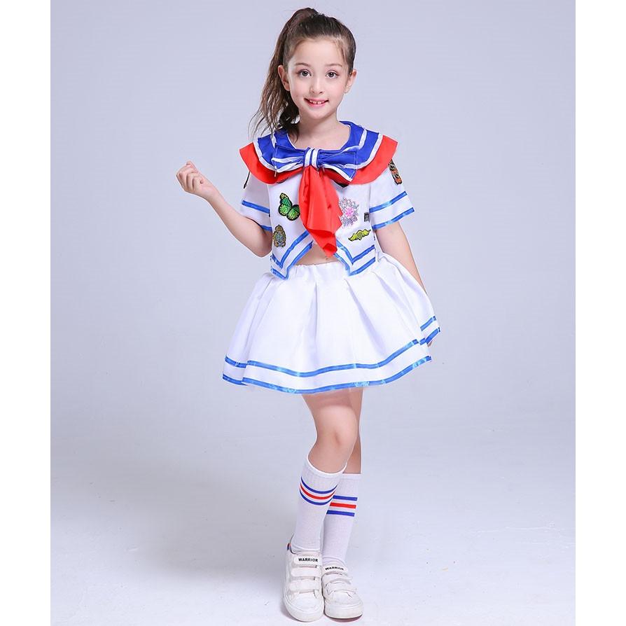売買 キッズ ダンス衣装 チアガール 海軍風 ワンピース 舞台服 コスプレ 子供 コスチューム ハロウィーン 女の子 ステージ衣装 発表会 応援団 ガールズ チアリーダー Materialworldblog Com