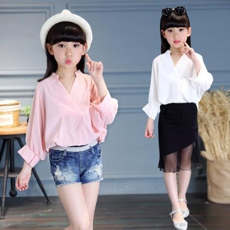 シャツ 子供服 ブラウス ドルマンスリーブ Vネック 長袖 シフォン