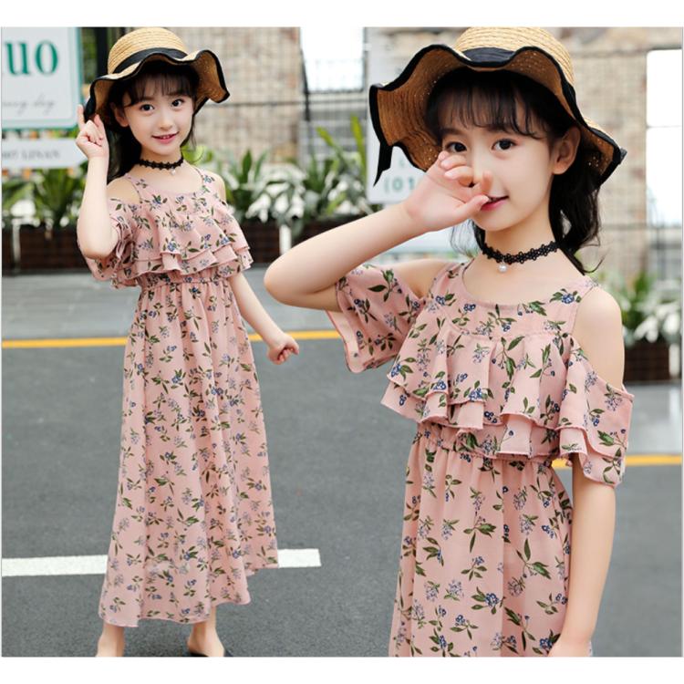 ワンピース オフショルダー ロングワンピース マキシワンピース 子供服 女の子 上品 キッズ 大人可愛い 肩出し 花柄 夏 海 シフォン素材 フリル｜sunflowerkids｜05