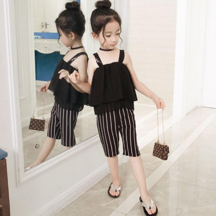 子供服 上下セットアップ 女の子 キッズ服 黒 ノースリーブ