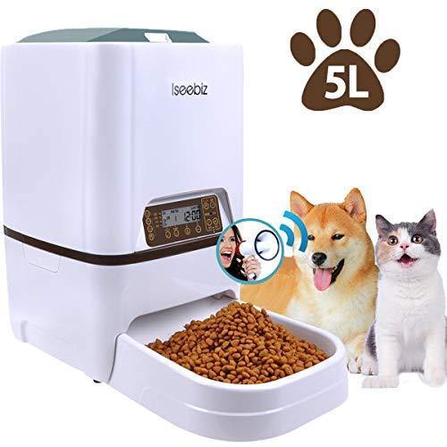 自動給餌器 Iseebiz 猫 犬用ペット自動餌やり機 5l大容量 1日4食で最大日連続自動給餌 タイマー式 録音可 水洗い可能 犬 正規品販売