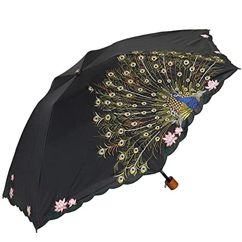 格安人気 日傘 折りたたみ 遮光 遮熱 Uvカット耐久撥水 3段折りたたみ日傘 晴雨兼用傘 2重張り 孔雀 刺繍 ブラック 偉大な Www Doctor Plan Com