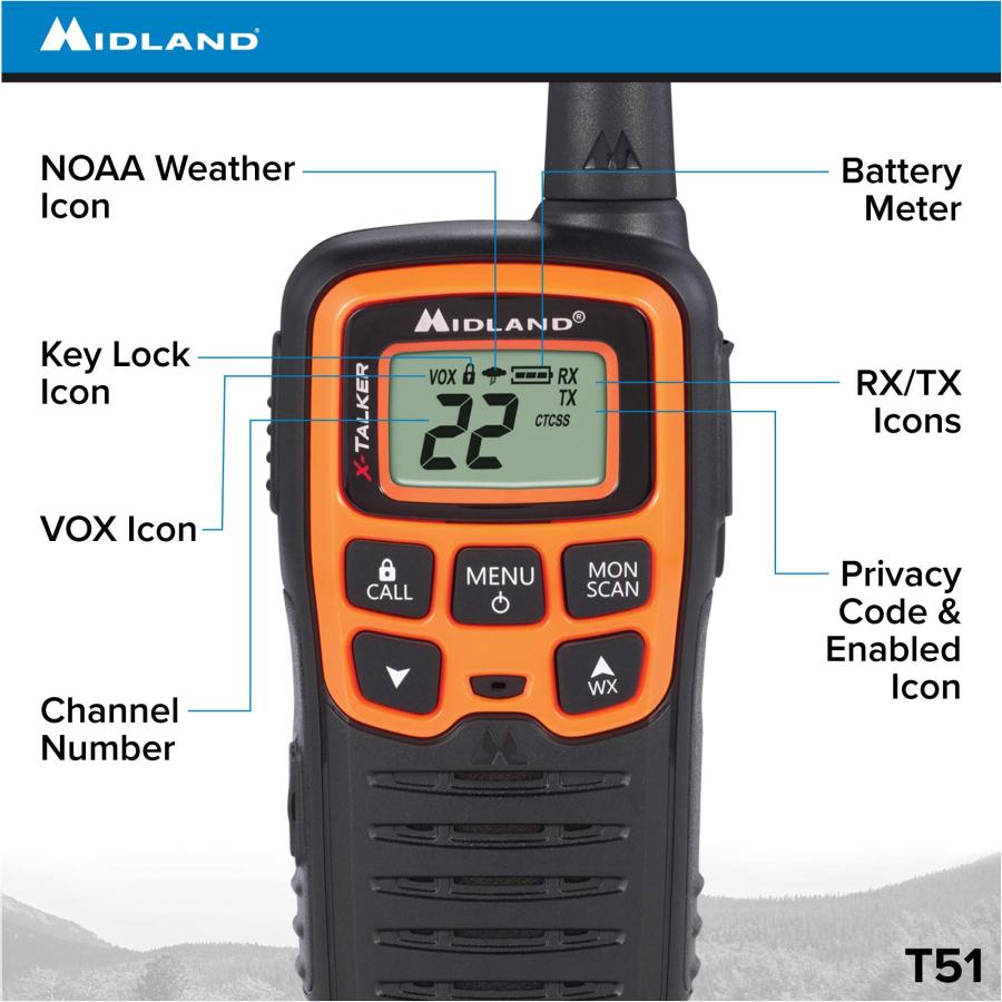 Midland　T51VP3　22　Channel　Walkie　to　28　Mile　Radio　FRS　Two-Way　Black　Up　Range　Talkie　Orange　of　10)　(Pack