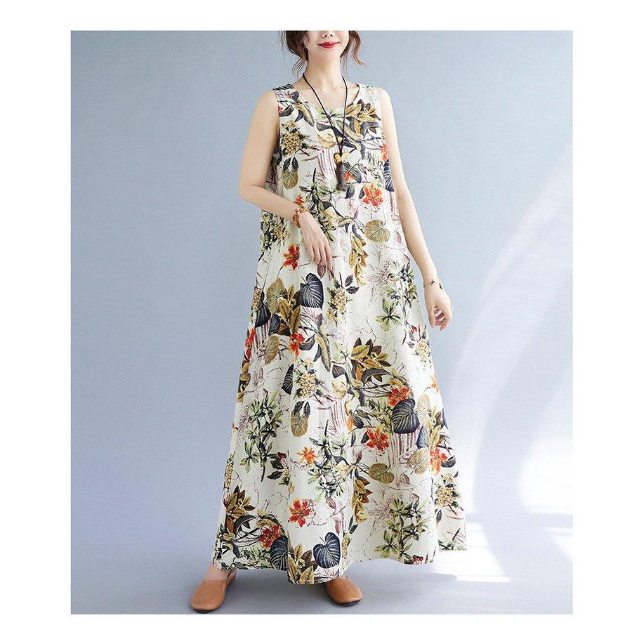 ワンピース マキシワンピース レディース ロングワンピース 綿麻 40代 花柄 キャミ ロング リネン マキシ丈 大きいサイズ 体型カバー ゆったり 6l 送料無料 超お買い得