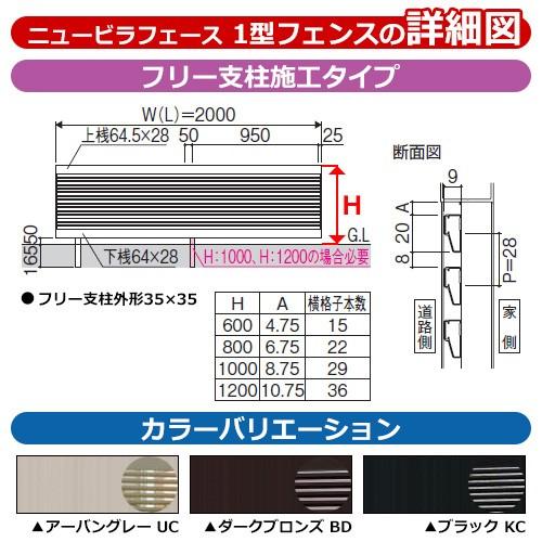 形材フェンス ニュービラフェース1型 H800タイプ 呼称：2008 形材タイプ フェンス本体のみ 三協アルミ フリー支柱タイプ よこ格子フェンス NFLB-1の画像