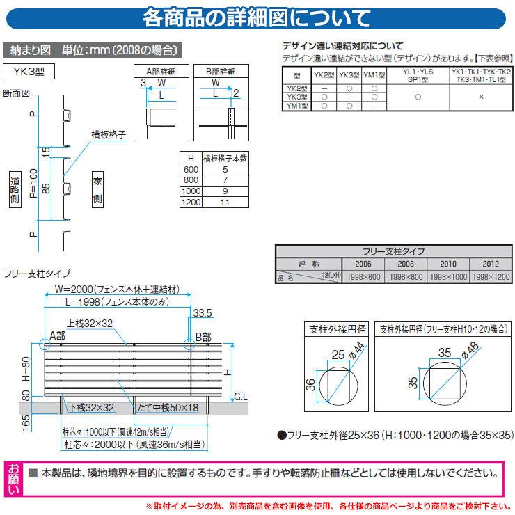 フェンス 目隠し 屋外 形材フェンス レジリア フリー支柱タイプ YK3型(横板格子) H600 呼称：2006 コーナー材：羽根格子(1本)のみ 三協アルミ 本体別売｜sungarden-exterior｜04