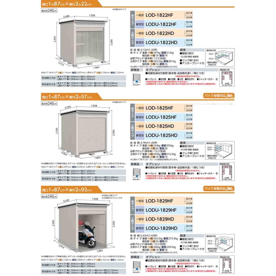 エルモシャッター 中・大型物置 LODU-1829HD 土間タイプ 基本棟 豪雪型 間口1863×奥行2914×高さ2356 ヨド物置 物置 屋外 収納