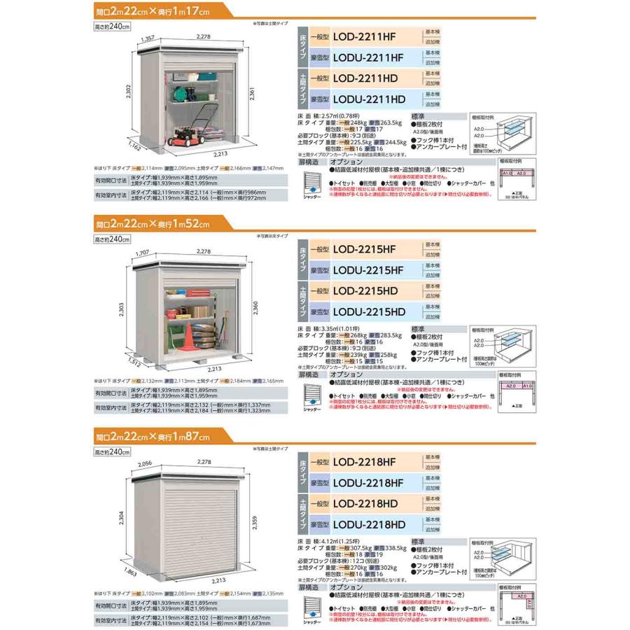 エルモシャッター 中・大型物置 LOD-2218HF 床タイプ 追加棟 一般型 間口2213×奥行1863×高さ2359 ヨド物置 物置 屋外 収納