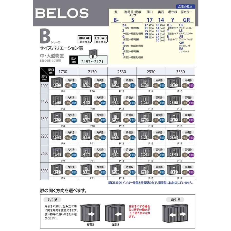 BELOS ヴェロス 中・大型物置 B-G2518Y 標準屋根 側面棚タイプ 豪雪型 間口2530×奥行1800×高さ2161 タクボ物置 田窪工業所 物置 屋外 収納