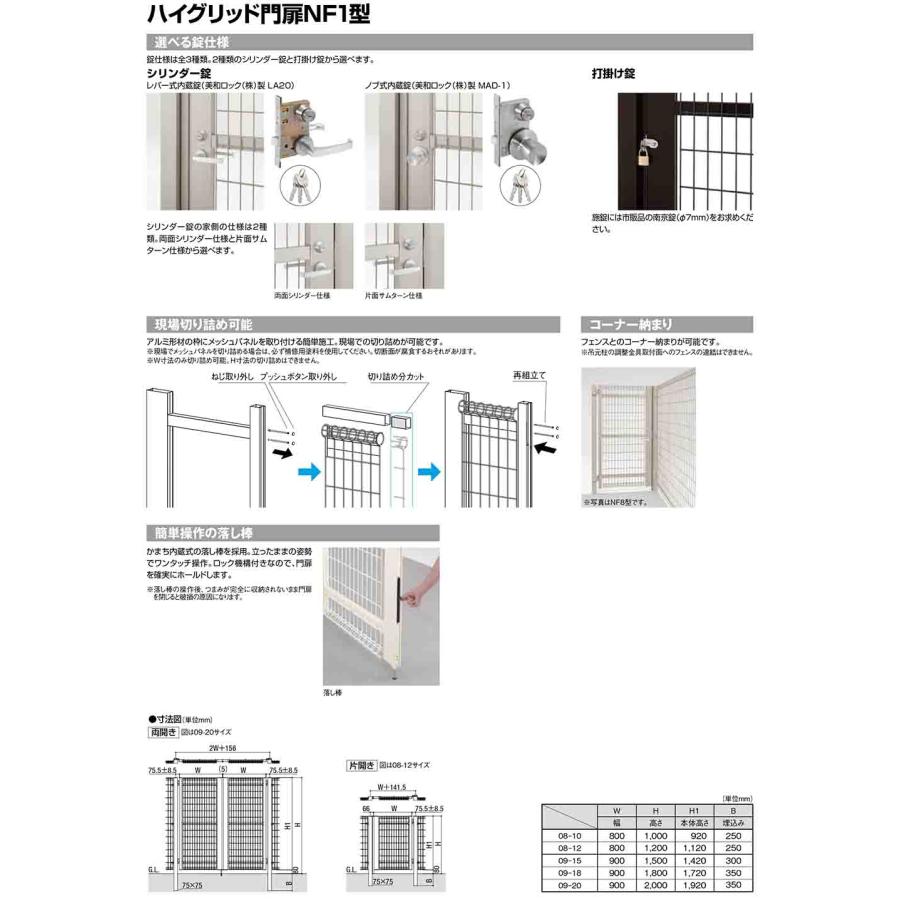 ハイグリッド門扉 NF1型 片開き 呼称：08-12 扉1枚寸法：800×1,200 