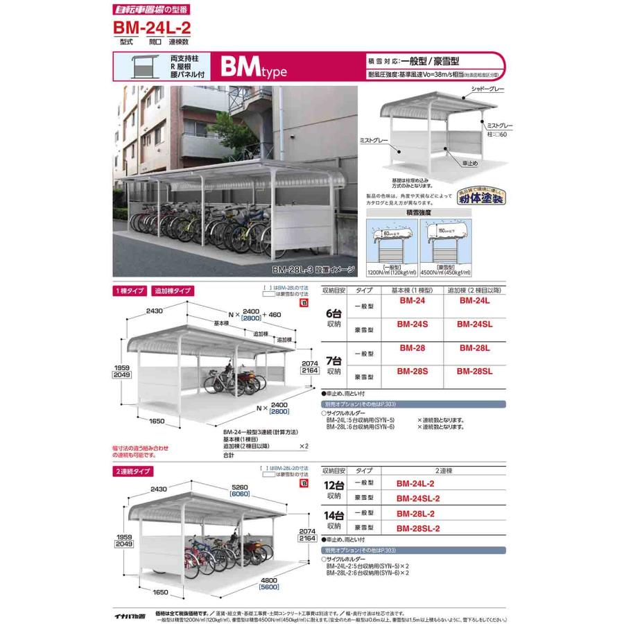イナバ自転車置場 BM-24L 追加棟（2棟目以降） BMタイプ 一般型 幅2400×奥行1650×高さ2074 イナバ物置