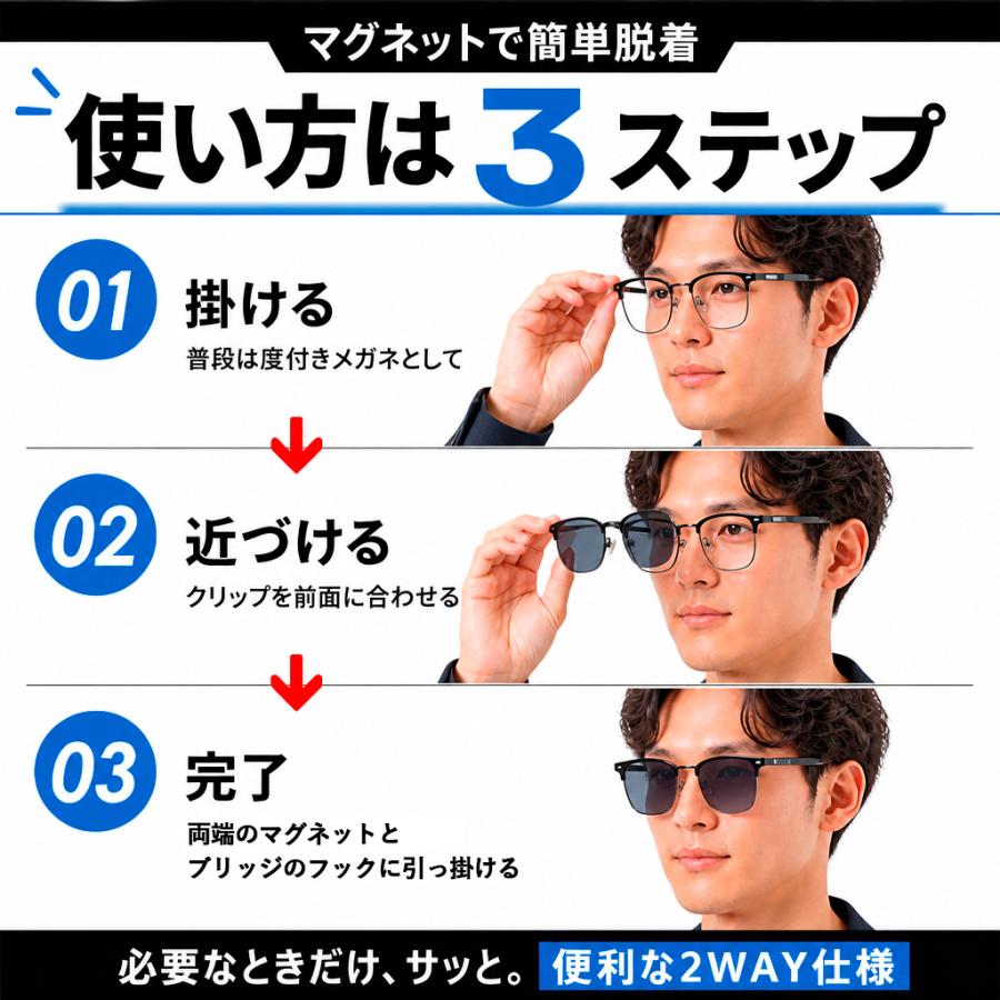 度付きメガネ 眼鏡 クリップサングラス メンズ マグネット式 前掛け