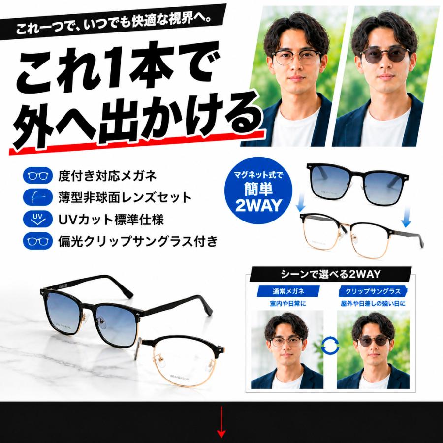 度付きメガネ 眼鏡 クリップサングラス メンズ マグネット式 前掛け