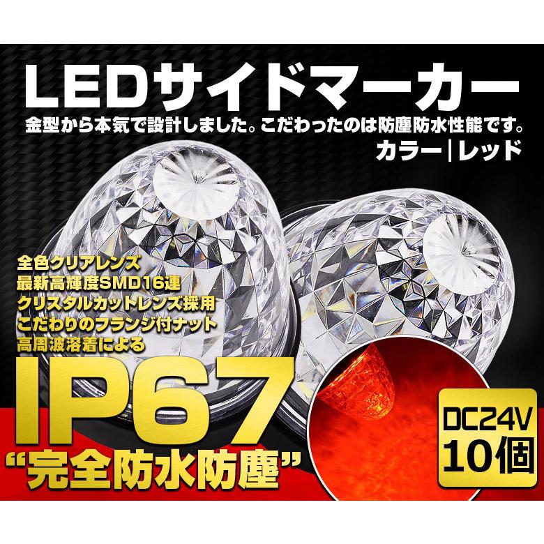 サイドマーカー マーカーランプ トラックマーカーLED 24V トラック IP67 完全防水 路肩灯 丸型  SMD 車幅灯 日野 日産 レッド 10個入