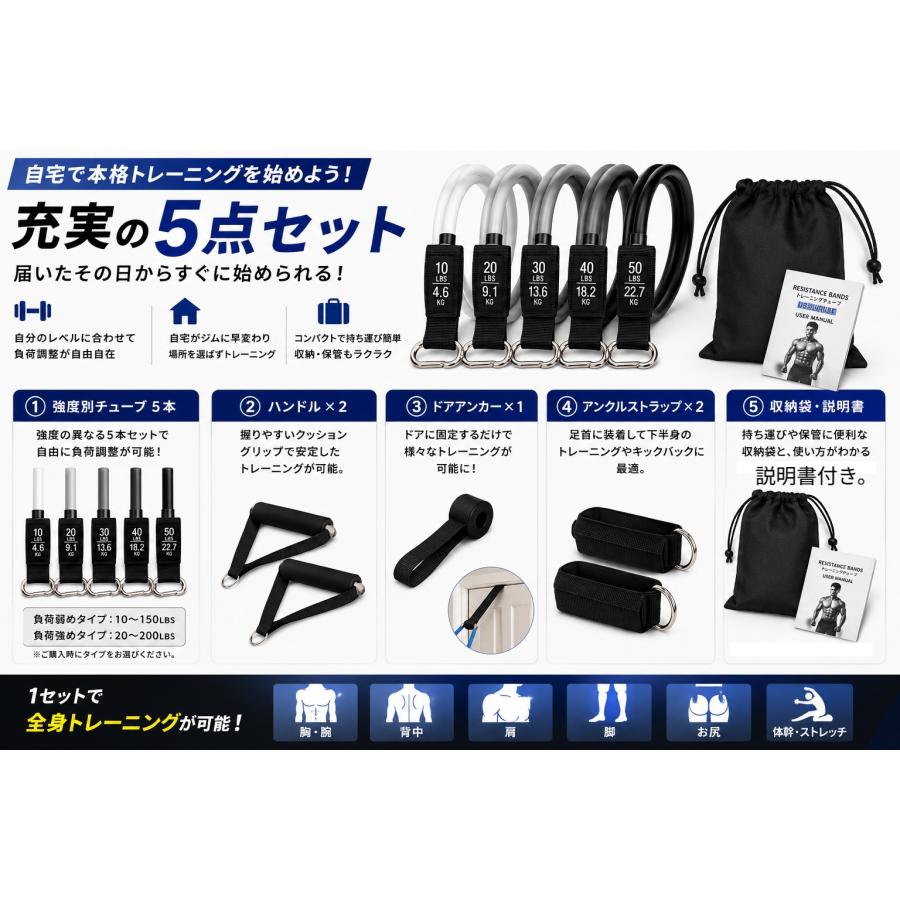 トレーニングチューブ 5本セット 筋トレチューブ レジスタンスバンド
