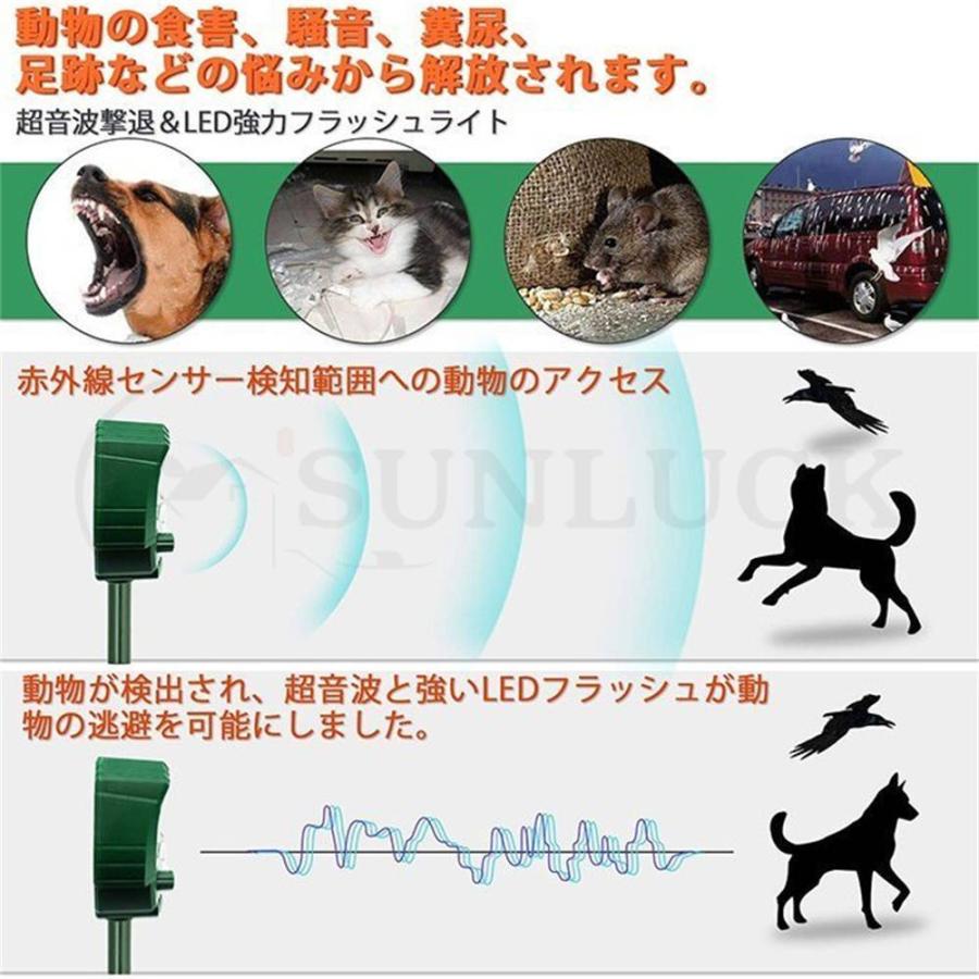 見事な 動物撃退器 害獣撃退器 4個セット 超音波 フラッシュライト 警報音 広範囲 センサー ソーラー 太陽光 Usb充電式 防水 ５モード 猫 鳥 ネズミ 犬 害獣 よけ 簡単 設置 ガーデン 畑 家庭菜園 キャンプ 登山 エコ 省エネ Fucoa Cl