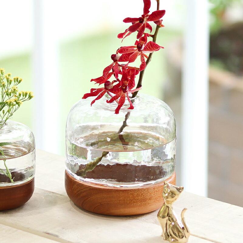 ウッド & ガラス フラワーベース 花瓶 / ガラス製 プラントスプレー 霧吹き Lサイズ シナリー ウッド＆ガラスベース 花瓶 おしゃれ 木製 ウッド