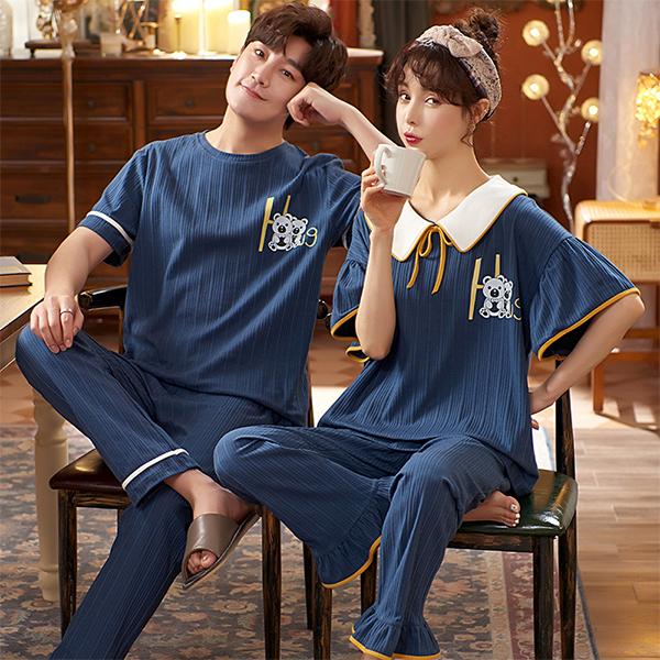 ペアパジャマ 夏 カップル 2着セット 半袖 ブルー ルームウェア ペアパジャマ 夏 カップル 2着セット 半袖 ブルー ルームウェア