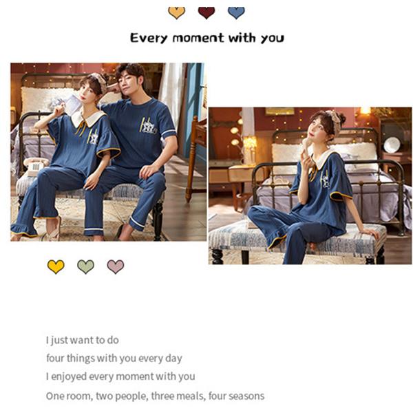 ペアパジャマ 夏 カップル 2着セット 半袖 ブルー ルームウェア