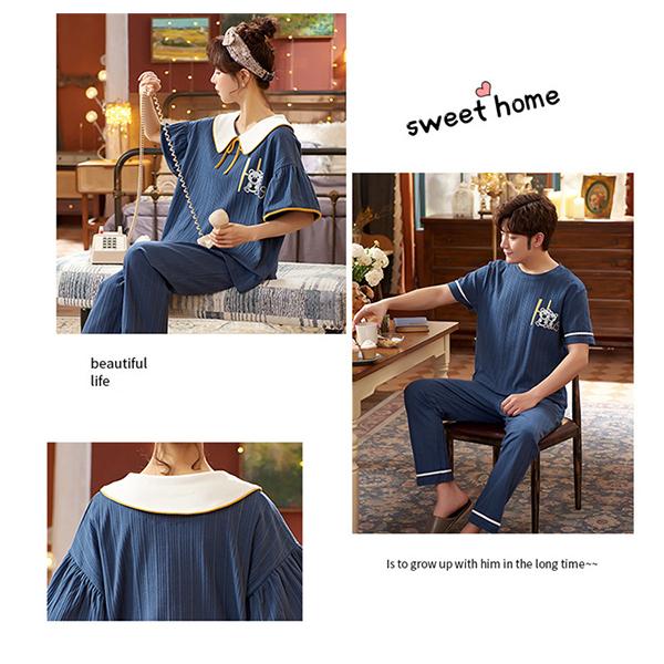 ペアパジャマ 夏 カップル 2着セット 半袖 ブルー ルームウェア