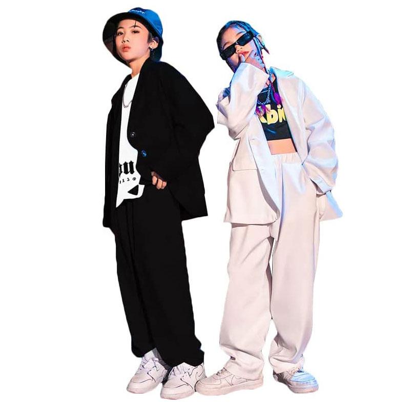 ダンス衣装 ヒップホップ セットアップ スーツ ジャケット パンツ キッズダンス衣装 ガールズ 男の子 派手 K Pop 韓国 白 黒 ステージ衣装 予約受付中