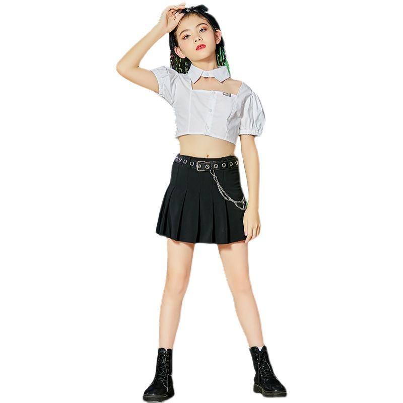 キッズ ダンス衣装 へそ出し 白シャツ 黒スカート ヒップホップ チアガール 女の子 ジャズダンス ステージ衣装 子供 韓国 派手 応援団 イベント  発表会 団体服 :json98:サンライズ - 通販 - Yahoo!ショッピング