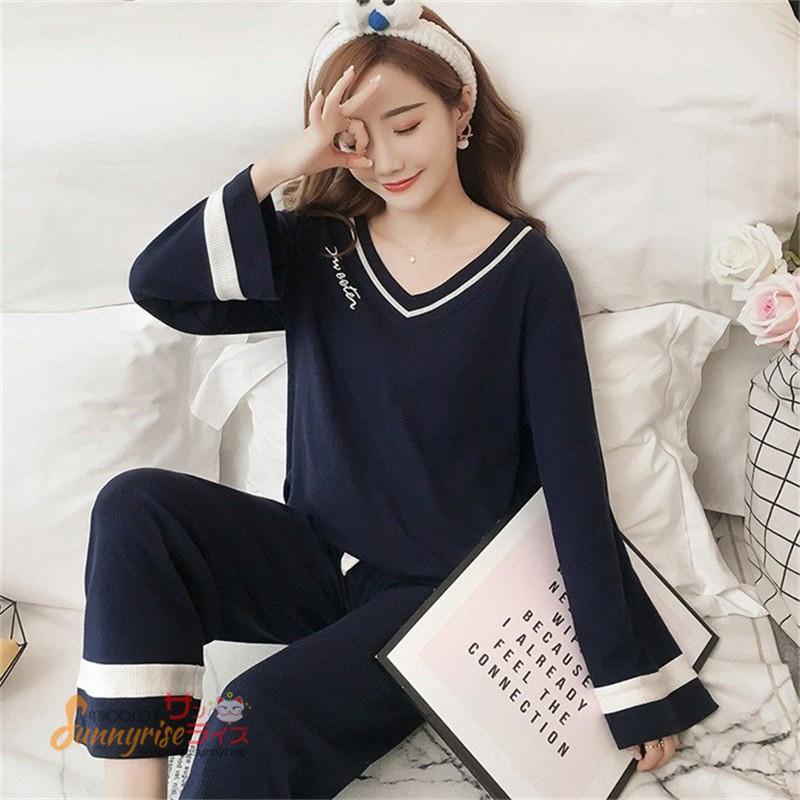 パジャマ レディース ルームウェア 春秋冬 長袖 綿 Vネック 無地 ルームウェア 上下セット リボン 韓国風 部屋着 寝巻き オシャレ 可愛い Kne0029 サンライズ 通販 Yahoo ショッピング