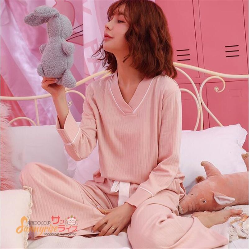 寝巻き 部屋着 レディース パジャマ ルームウェア 春夏秋 長袖パジャマ 綿 Vネックパジャマ ルームウェア 上下セット セットアップ リボン 韓国風 Kne0033 サンライズ 通販 Yahoo ショッピング